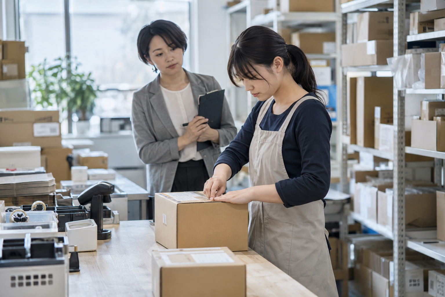 物流現場で梱包作業を繰り返す様子