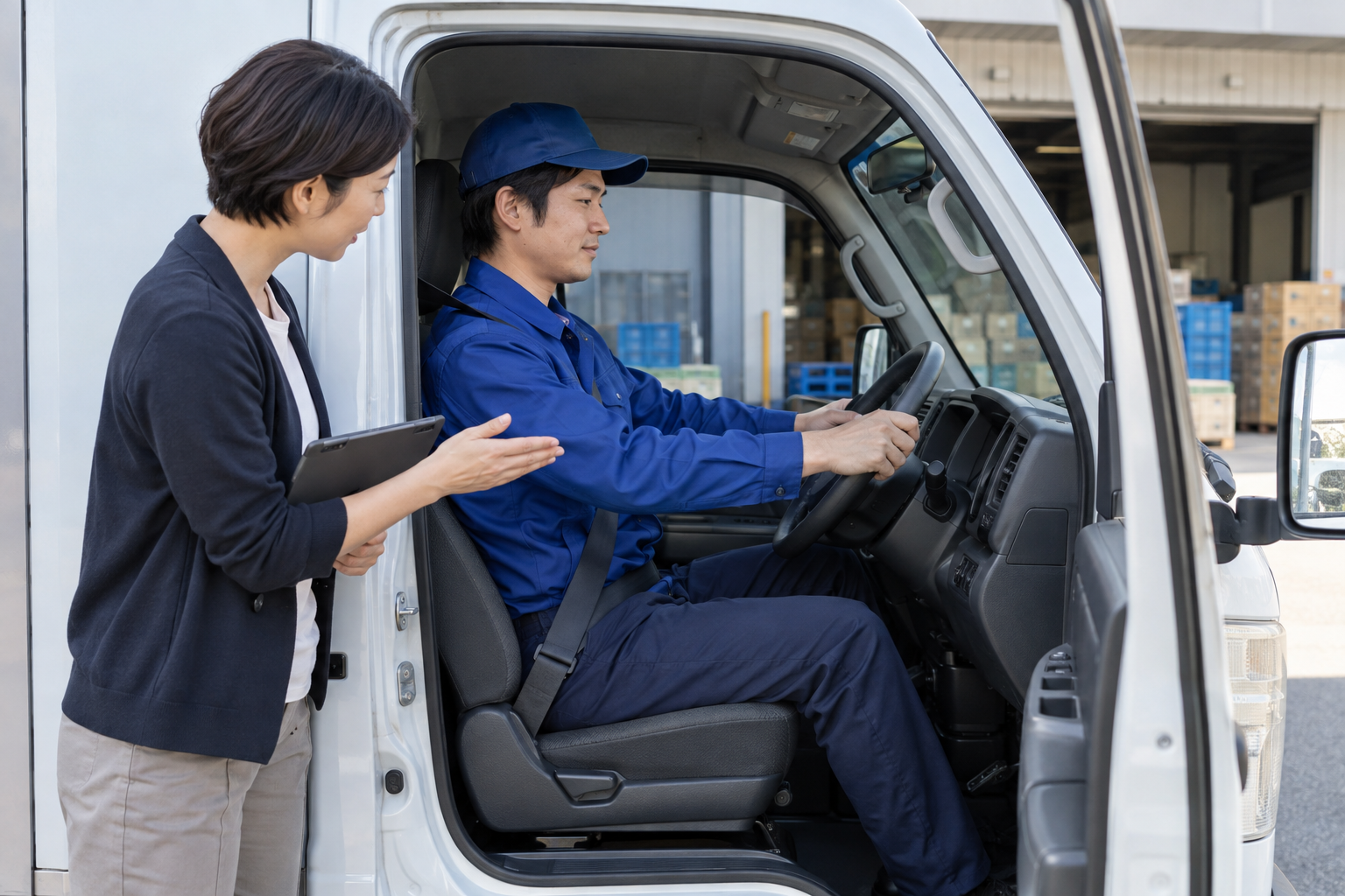 運送車両で長時間の座位姿勢を確認する様子