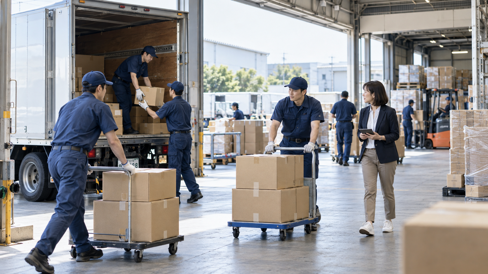 物流現場で荷物を運搬する作業の様子